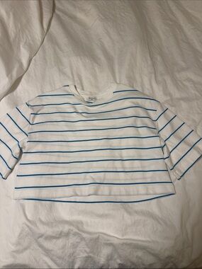 Oversized Cropped White Tee with Blue Stripes